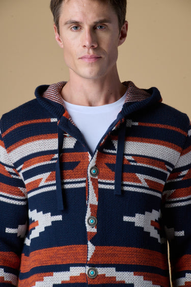 Cardigan Cappuccio e Bottoni con intarsio Jaquard Aztec Blu