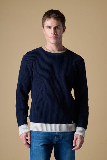 Maglione Girocollo Costa Inglese Blu con Toppe in velluto Ricamate