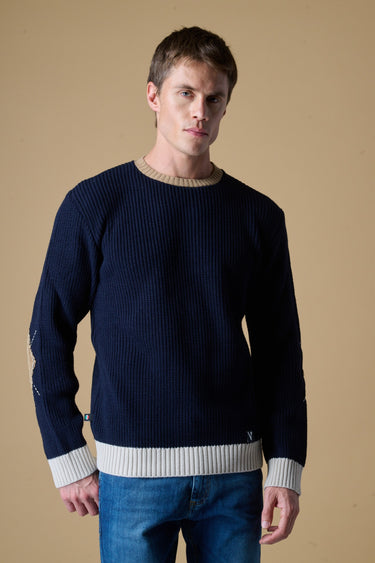 Maglione Girocollo Costa Inglese Blu con Toppe in velluto Ricamate