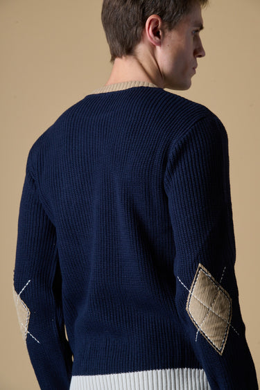 Maglione Girocollo Costa Inglese Blu con Toppe in velluto Ricamate