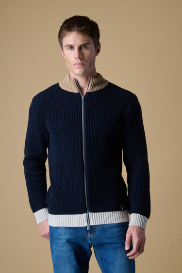 Cardigan Full Zip Costa Inglese Blu con Toppe in velluto Ricamate