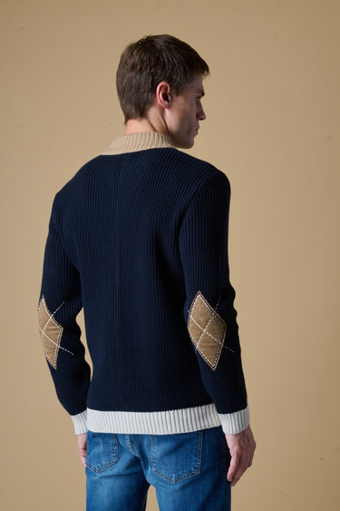 Cardigan Full Zip Costa Inglese Blu con Toppe in velluto Ricamate