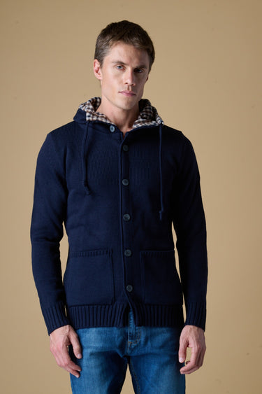 Cardigan in Maglieria Cappuccio con Bottoni Blu