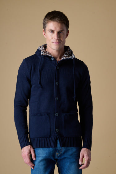 Cardigan in Maglieria Cappuccio con Bottoni Blu