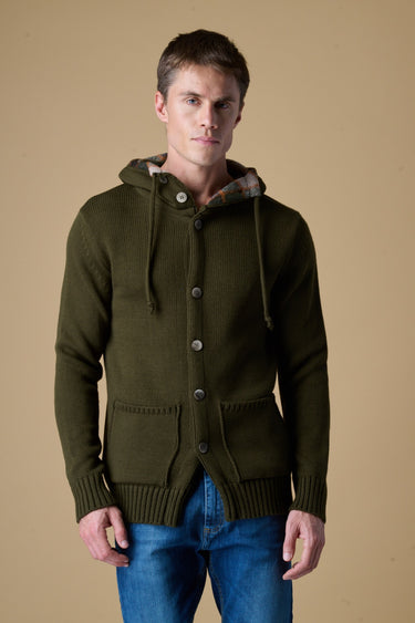 Cardigan in Maglieria Cappuccio con Bottoni Verde Militare