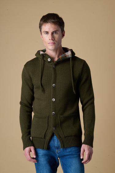 Cardigan in Maglieria Cappuccio con Bottoni Verde Militare
