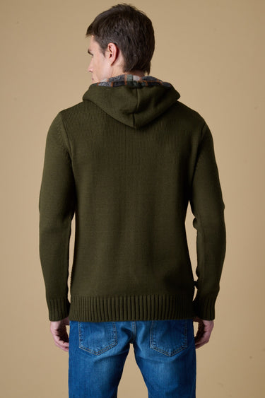Cardigan in Maglieria Cappuccio con Bottoni Verde Militare