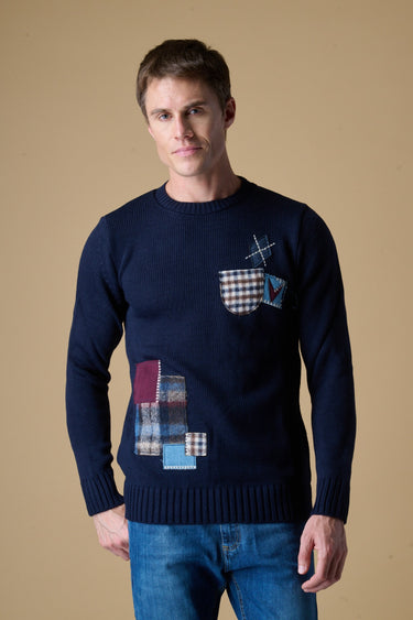Maglione Girocollo Blu Multi Patch ricamate in tessuto V2