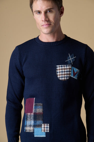 Maglione Girocollo Blu Multi Patch ricamate in tessuto V2