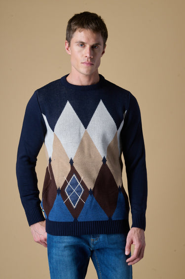 Maglione Girocollo Blu con intarsio Rombi