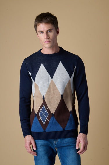 Maglione Girocollo Blu con intarsio Rombi