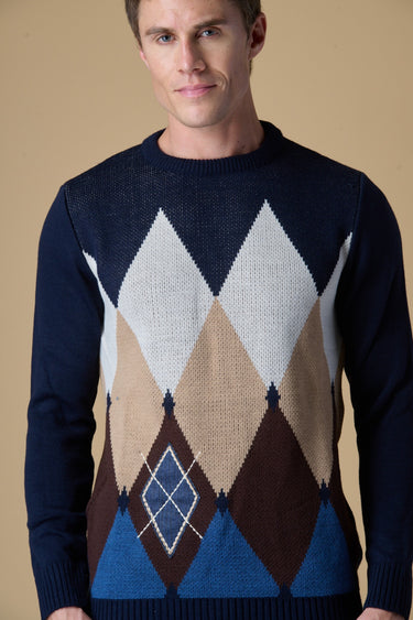 Maglione Girocollo Blu con intarsio Rombi