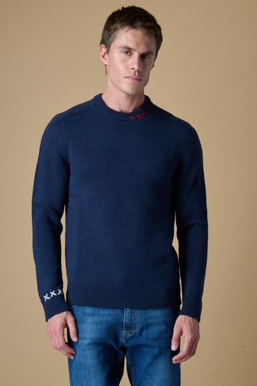 Maglione Girocollo Blu misto Alpaca con Ricami a X