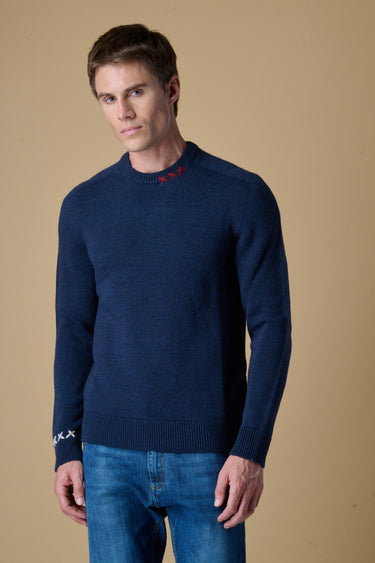 Maglione Girocollo Blu misto Alpaca con Ricami a X