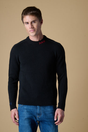Maglione Girocollo Nero misto Alpaca con Ricami a X