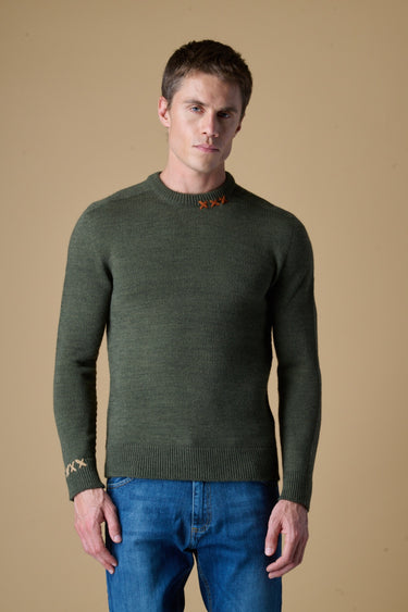 Maglione Girocollo Verde Militare misto Alpaca con Ricami a X