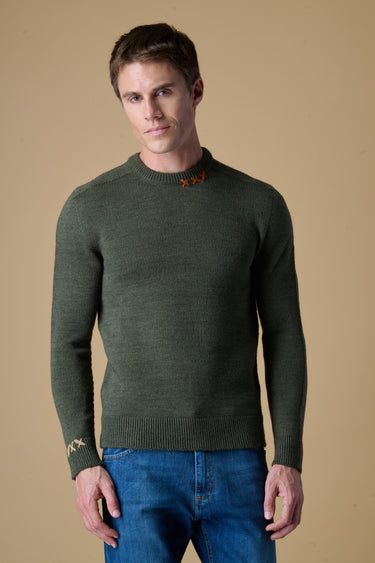 Maglione Girocollo Verde Militare misto Alpaca con Ricami a X