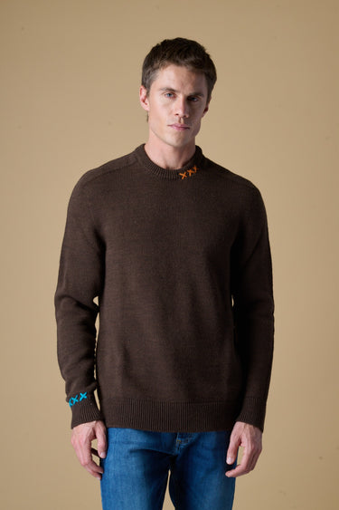 Maglione Girocollo Moro misto Alpaca con Ricami a X