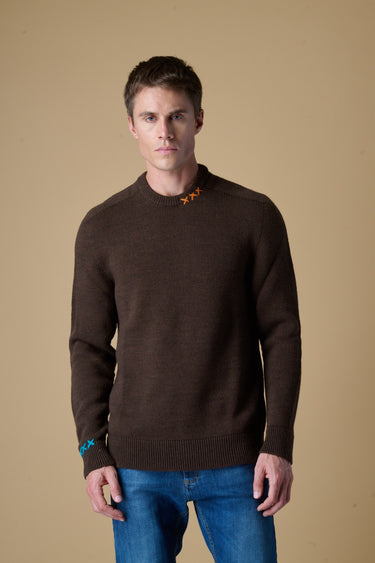 Maglione Girocollo Moro misto Alpaca con Ricami a X