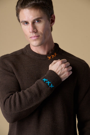 Maglione Girocollo Moro misto Alpaca con Ricami a X