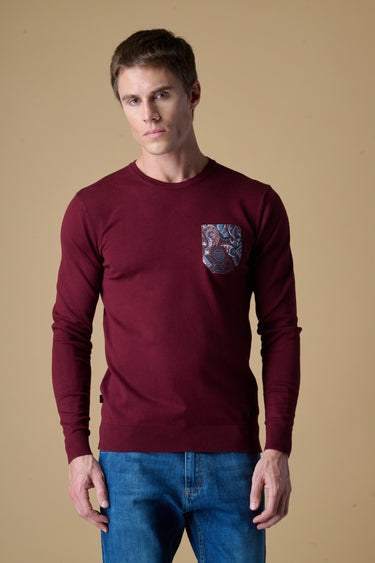 Maglione Girocollo in viscosa Bordeaux con Taschino in tessuto V2