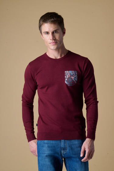 Maglione Girocollo in viscosa Bordeaux con Taschino in tessuto V2