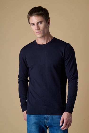 Maglione Girocollo in viscosa Blu con Toppe in tessuto V2