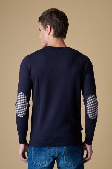 Maglione Girocollo in viscosa Blu con Toppe in tessuto V2