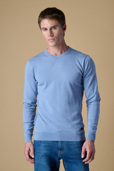 Maglione Girocollo in viscosa Jeans con Toppe in tessuto V2