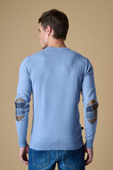 Maglione Girocollo in viscosa Jeans con Toppe in tessuto V2