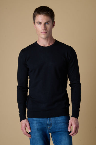 Maglione Girocollo in viscosa Nero con Toppe in tessuto V2