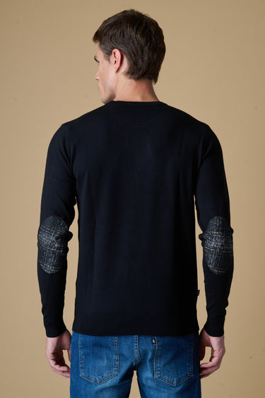 Maglione Girocollo in viscosa Nero con Toppe in tessuto V2