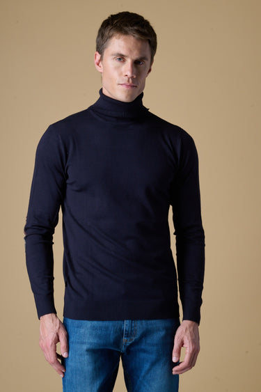 Maglione Dolcevita in viscosa Blu con Toppe in tessuto V2