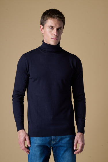 Maglione Dolcevita in viscosa Blu con Toppe in tessuto V2