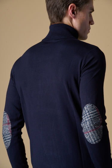Maglione Dolcevita in viscosa Blu con Toppe in tessuto V2