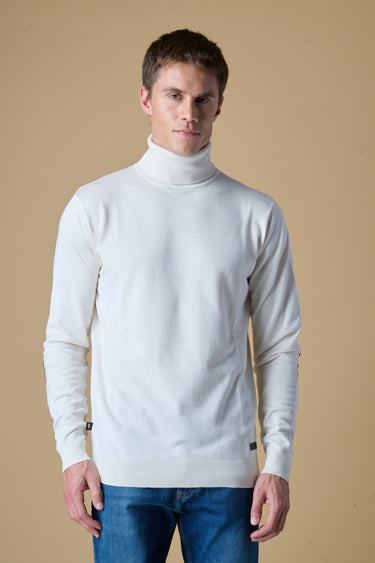 Maglione Dolcevita in viscosa Panna con Toppe in tessuto V2