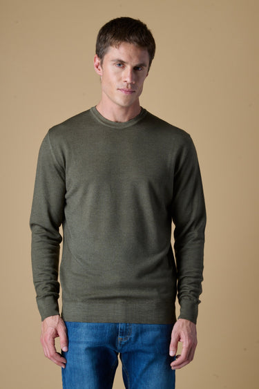 Maglione Girocollo in 100% Extrafine Merino tinto capo Verde Militare