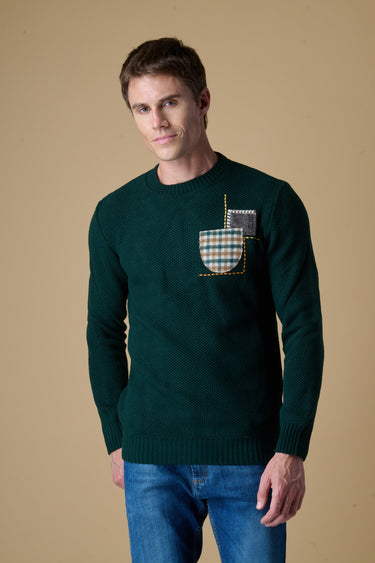 Maglione Girocollo Occhio di Pernice Verde con taschino ricamato in tessuto V2