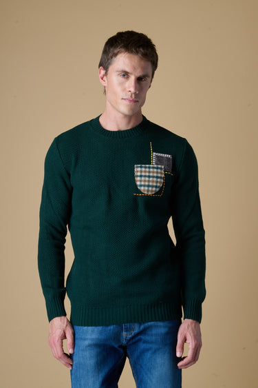 Maglione Girocollo Occhio di Pernice Verde con taschino ricamato in tessuto V2