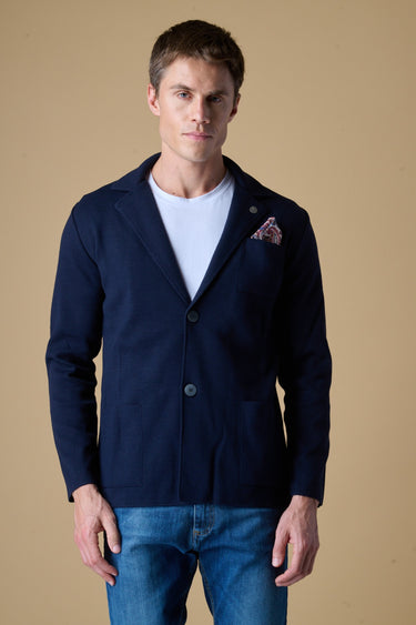 Giacca Monopetto punto stoffa Blu con pochette in tessuto V2