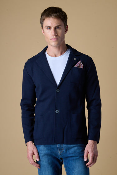 Giacca Monopetto punto stoffa Blu con pochette in tessuto V2