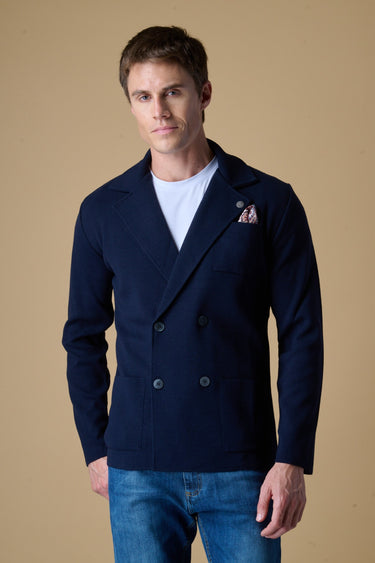 Giacca Doppiopetto punto stoffa Blu con pochette in tessuto V2