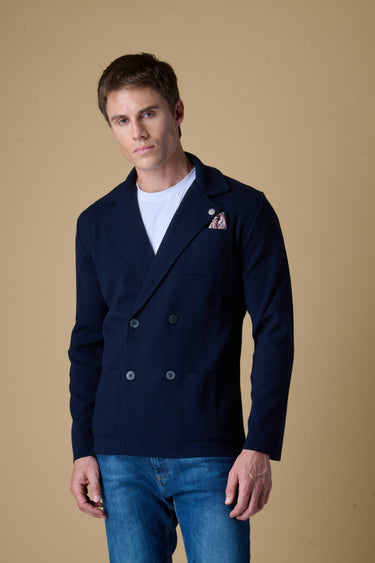 Giacca Doppiopetto punto stoffa Blu con pochette in tessuto V2