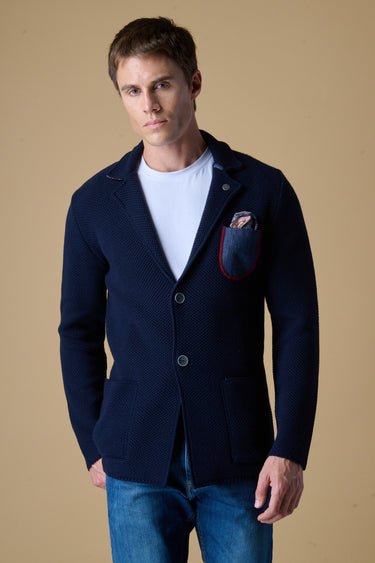 Giacca Monopetto Occhio di Pernice Premium Blu con taschino Jeans, Pochette e interno collo in tessuto V2