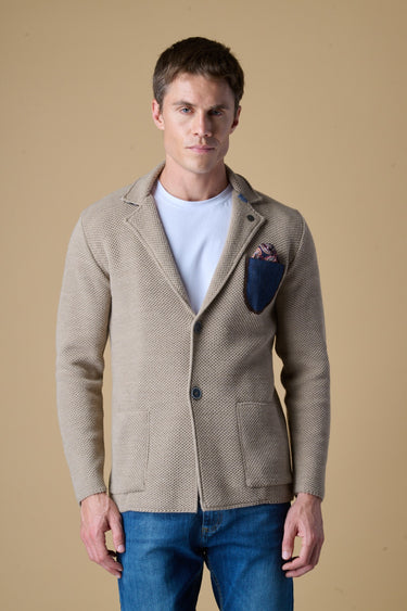 Giacca Monopetto Occhio di Pernice Premium Tortora con taschino Jeans, Pochette e interno collo in tessuto V2