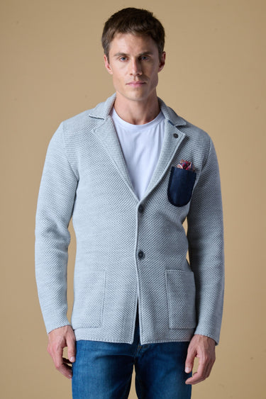 Giacca Monopetto Occhio di Pernice Premium Grigio Perla con taschino Jeans, Pochette e interno collo in tessuto V2