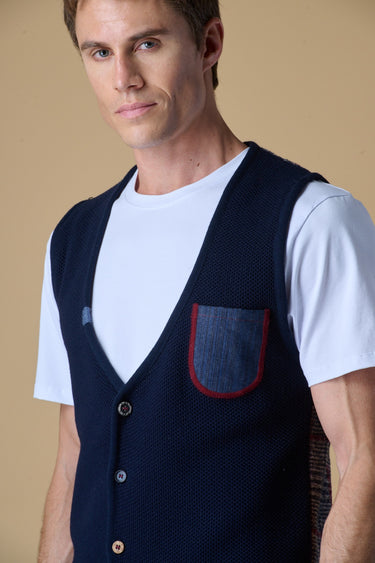Gilet Monopetto Occhio di Pernice Premium Blu con taschino Jeans e retro in tessuto V2