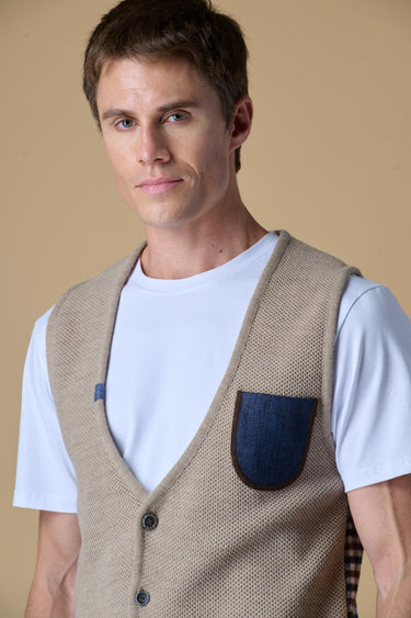 Gilet Monopetto Occhio di Pernice Premium Tortora con taschino Jeans e retro in tessuto V2