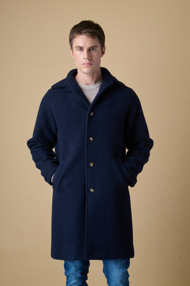 Blue boiled wool single-breasted pinstripe coat with V2 fabric lining