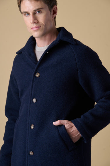 Blue boiled wool single-breasted pinstripe coat with V2 fabric lining